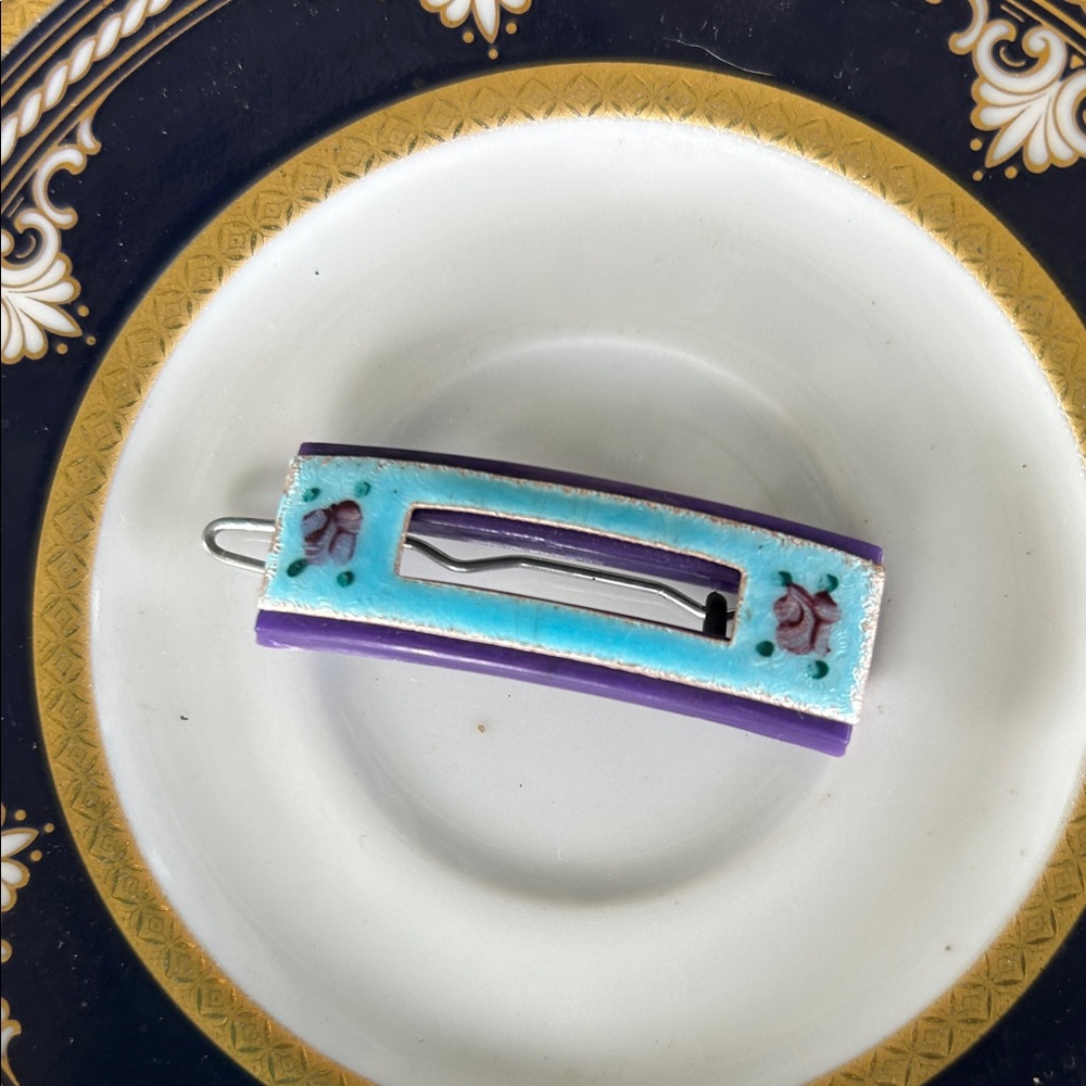 Vintage Guilloche Rose Hair Barrette 
in Purple Blue & Pink